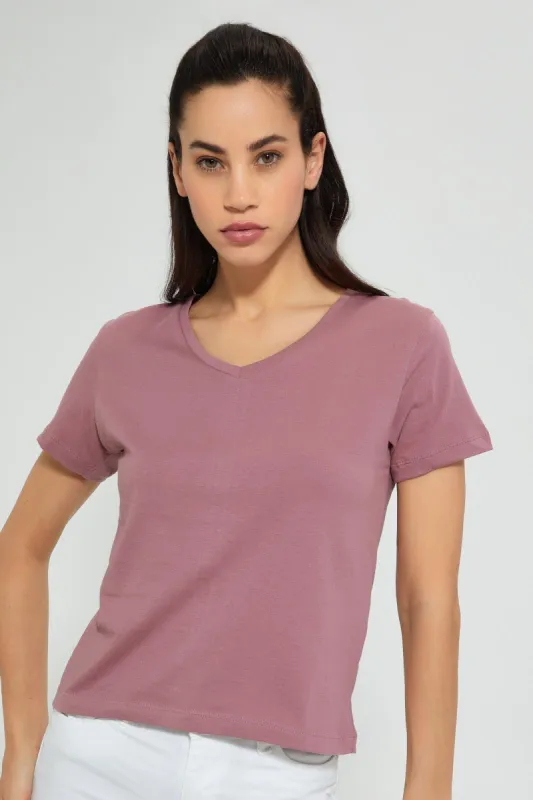 Mauve Basic V-Neck T-Shirt sold by Redtag