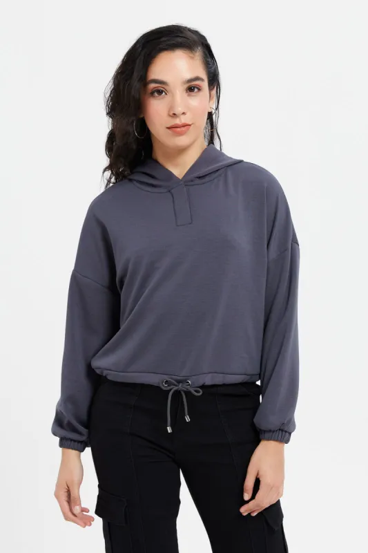 Women Charcoal Textured Long Sleeve Hooded Sweatshirt sold by Redtag