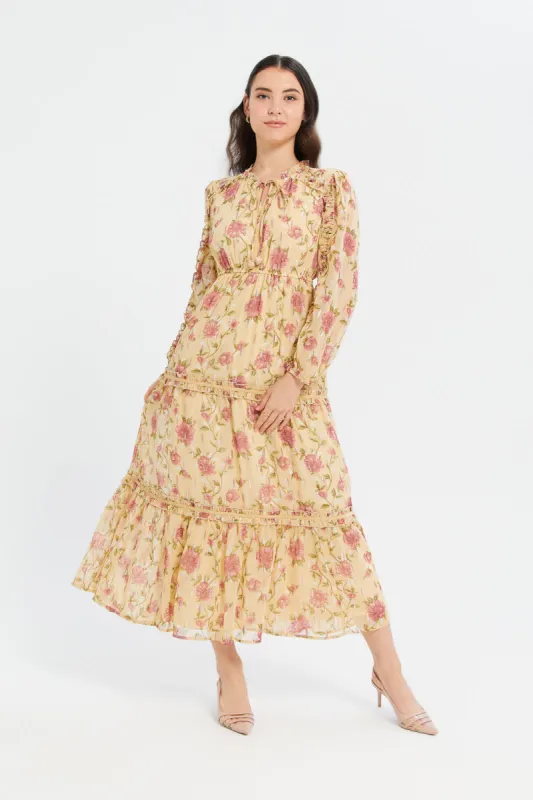 Women Yellow Printed Jacquard Dress sold by Redtag