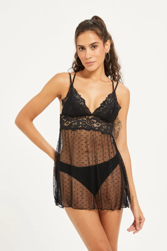 Women Black Mesh Embellished Babydoll sold by Redtag
