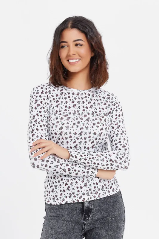 Women White Floral Print Crew Neck T-Shirt sold by Redtag