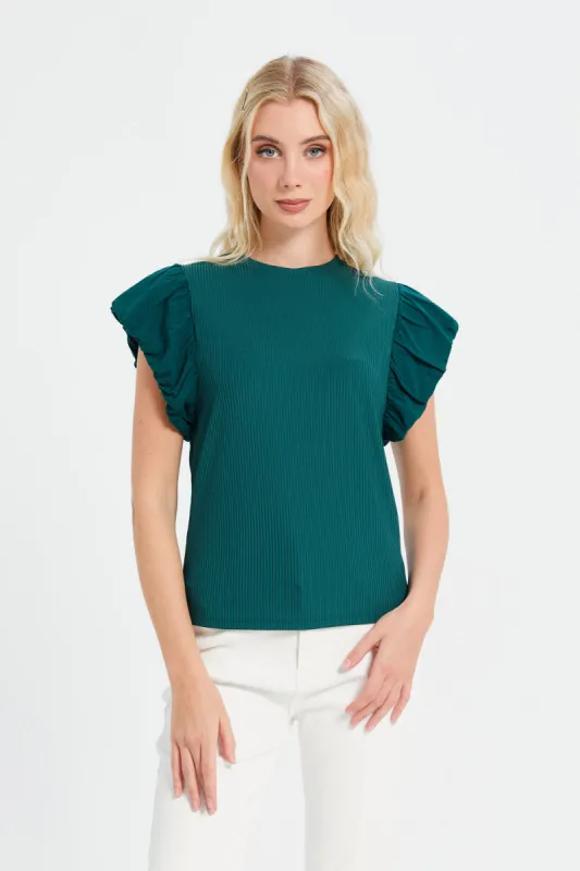 Women Green T-Shirt With Gathered Sleeves sold by Redtag
