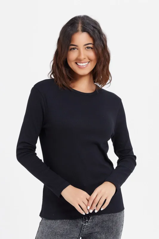 Women Black Rib Round Neck T-Shirt sold by Redtag