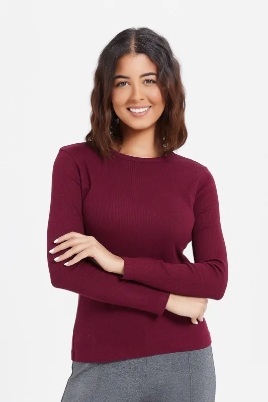 Women Burgundy Rib Round Neck T-Shirt sold by Redtag
