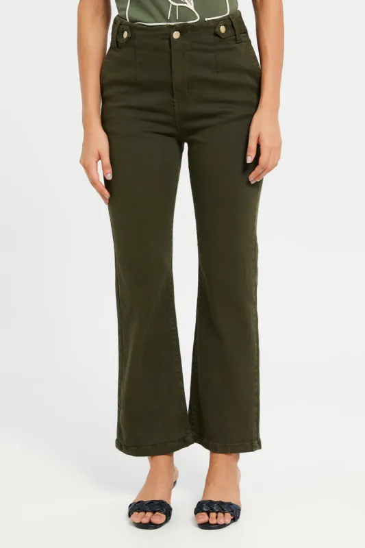 Women Olive High Waist With Side Button Wide Fit Jeans sold by Redtag
