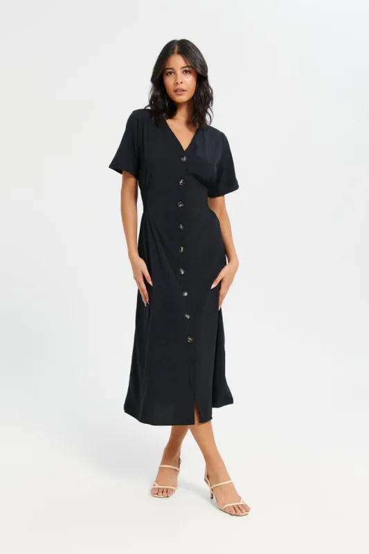 Woman Black Front Buttons Dress sold by Redtag