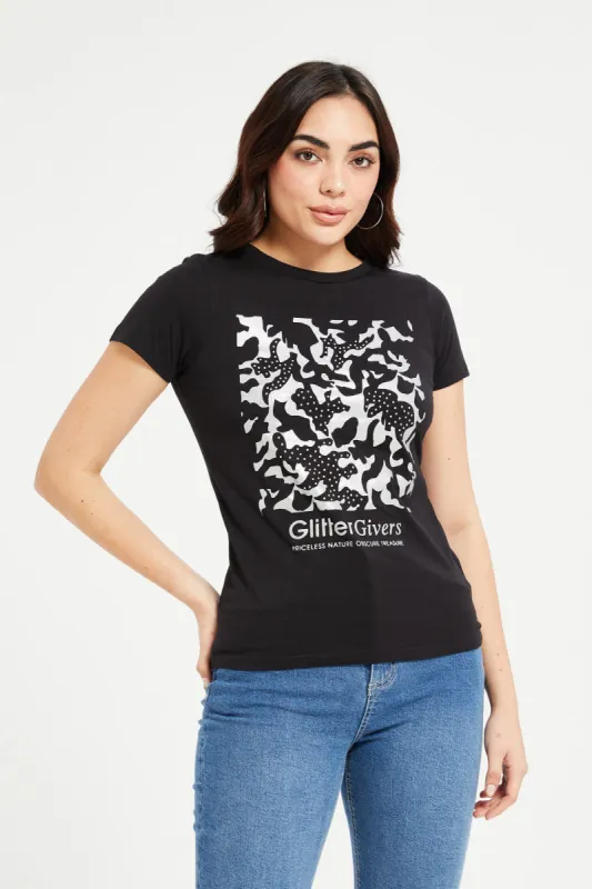 Women Black Foil Printed T-Shirt sold by Redtag