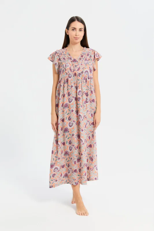 Women Orange Printed Cap Sleeves Nightgown sold by Redtag