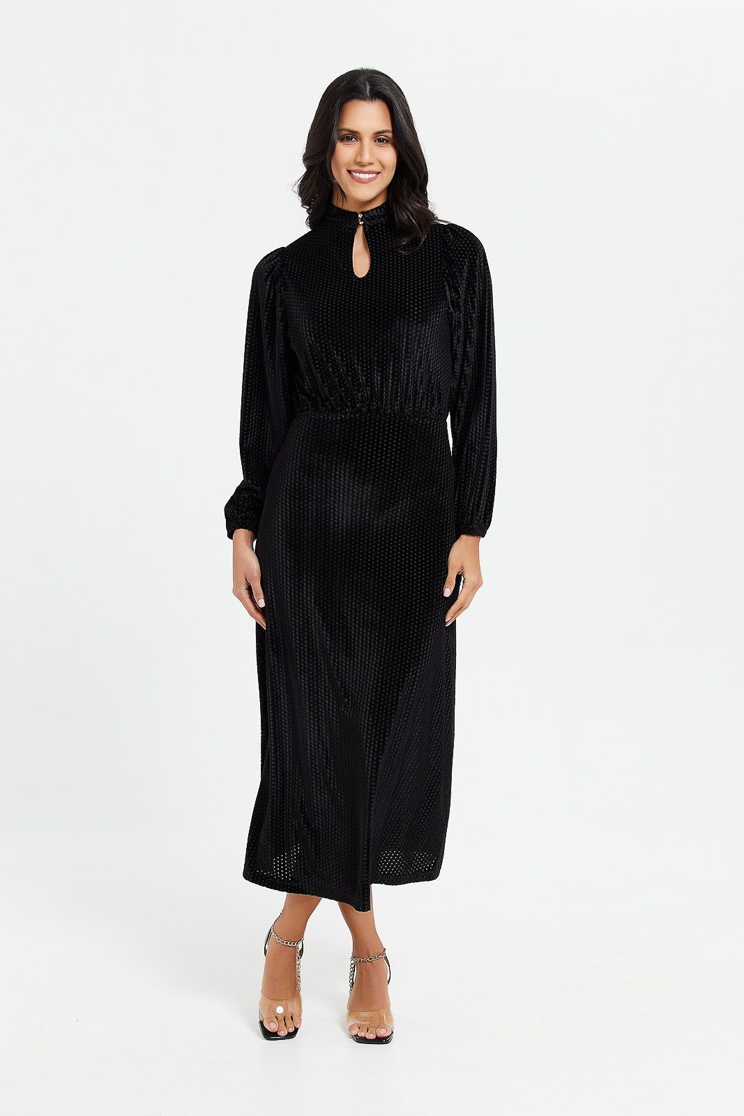 Women Black Textured Velvet Cut Out Neck Maxi Dress sold by Redtag