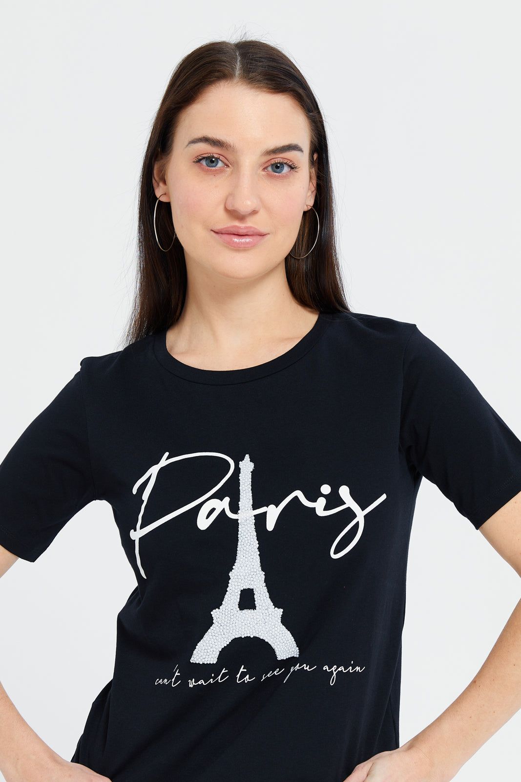 Women Black Paris Pearl Embellished T-Shirt sold by Redtag product image thumbnail 4
