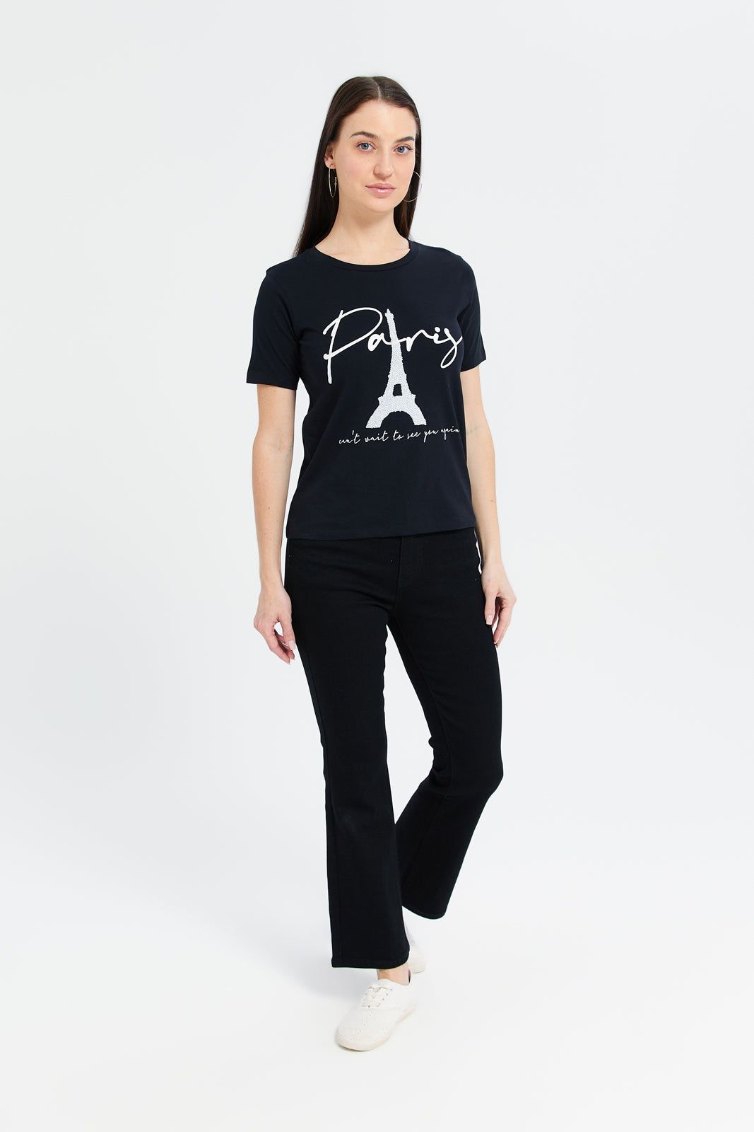 Women Black Paris Pearl Embellished T-Shirt sold by Redtag product image thumbnail 2