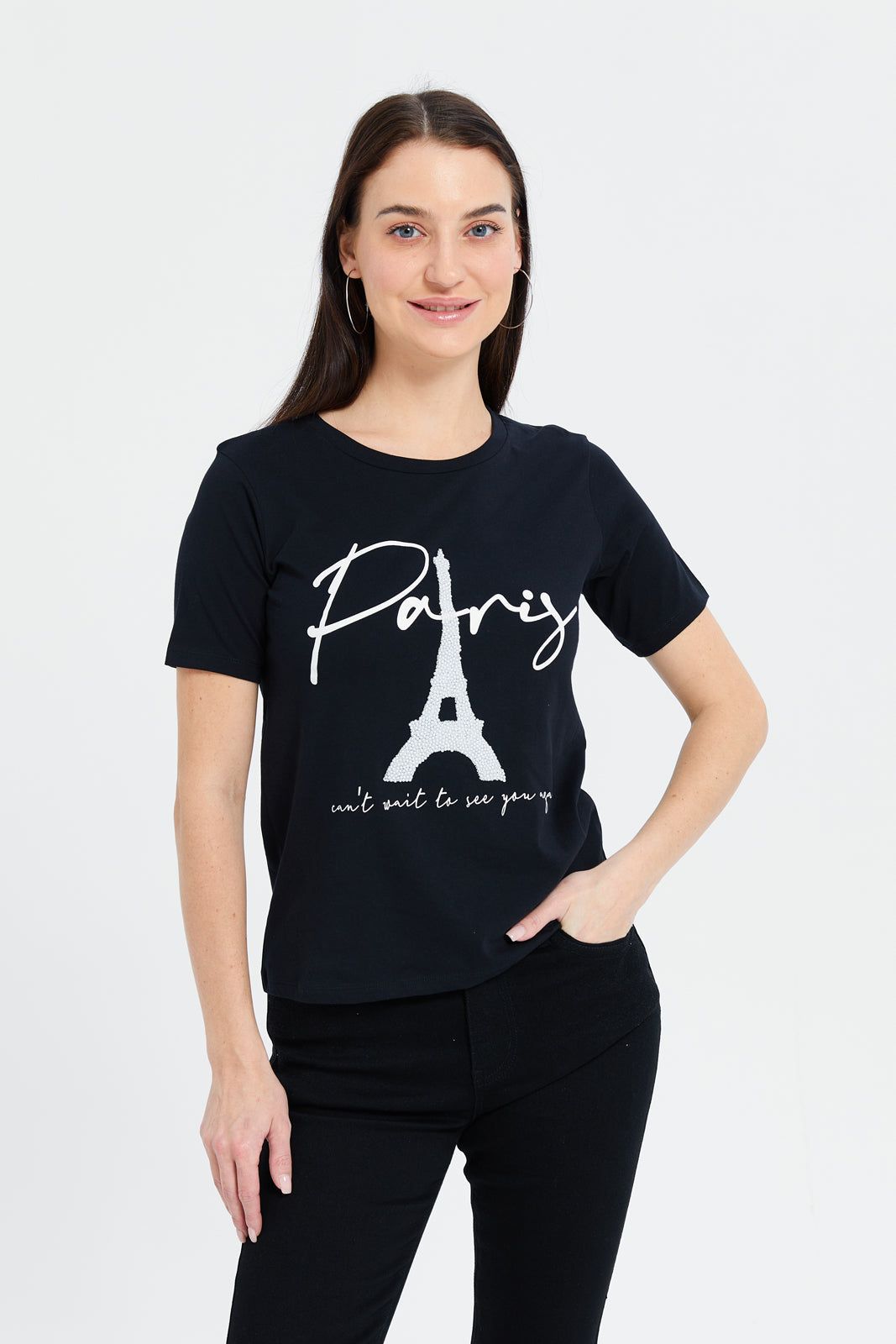 Women Black Paris Pearl Embellished T-Shirt sold by Redtag