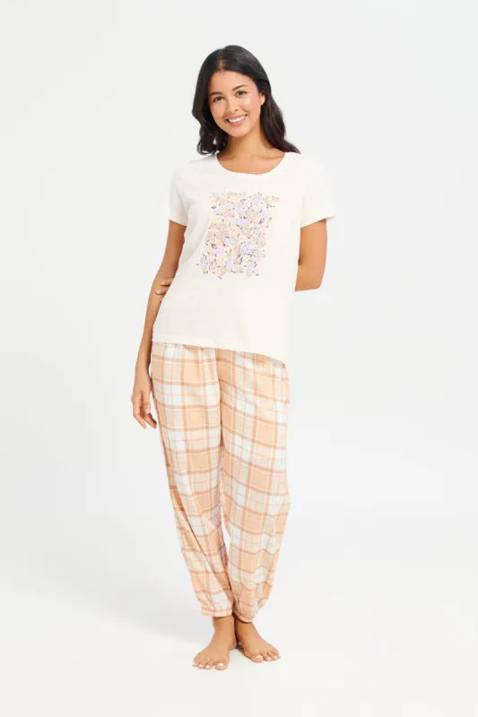 Women Ivory Checked Pants and T-Shirt Pyjama Set (2 Piece) sold by Redtag