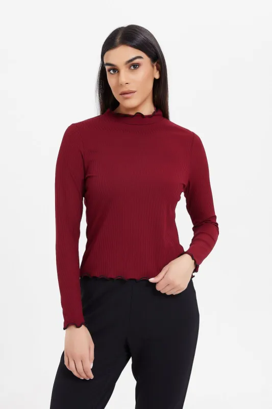 Women Burgundy Ribbed Top sold by Redtag
