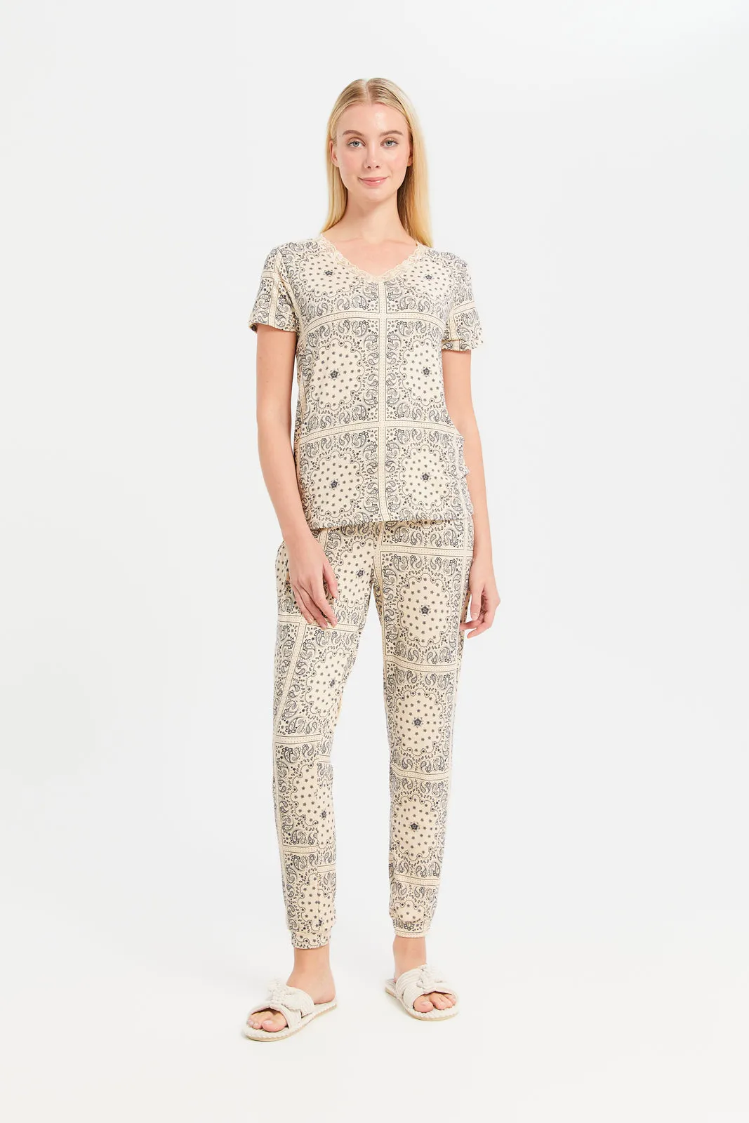 Women Beige Printed Pajama Set (2 Piece) sold by Redtag