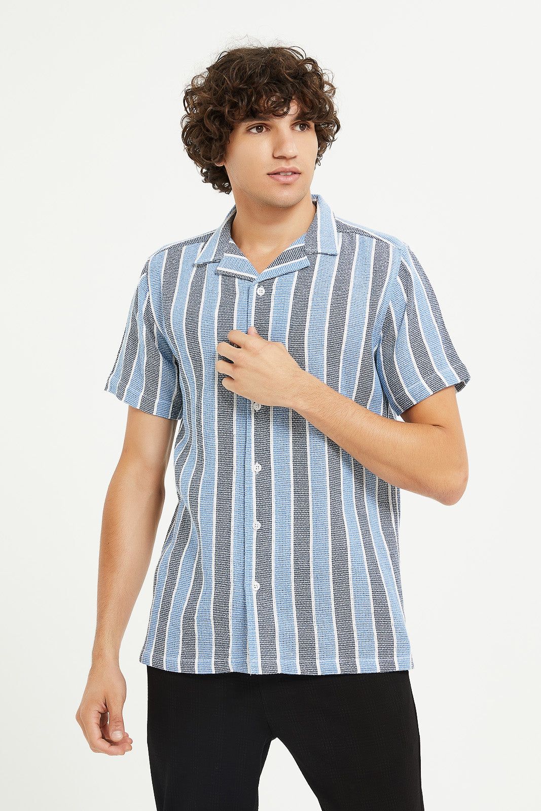 Men Blue Loose Knit Striped Shirt sold by Redtag