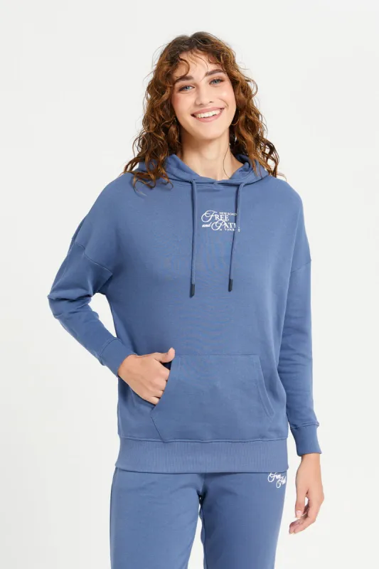 Women Blue Placement Print Hooded Sweatshirt sold by Redtag