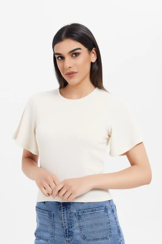 Women Ecru Ribbed Top sold by Redtag
