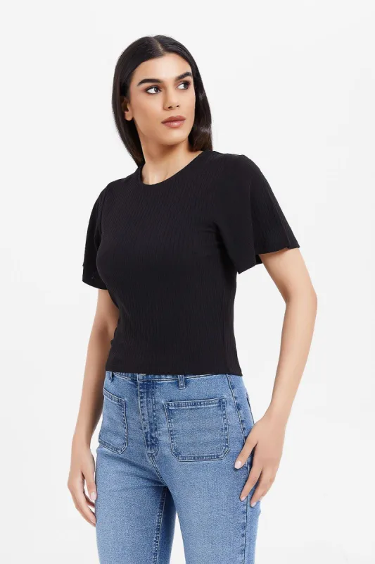 Women Black Ribbed Top sold by Redtag
