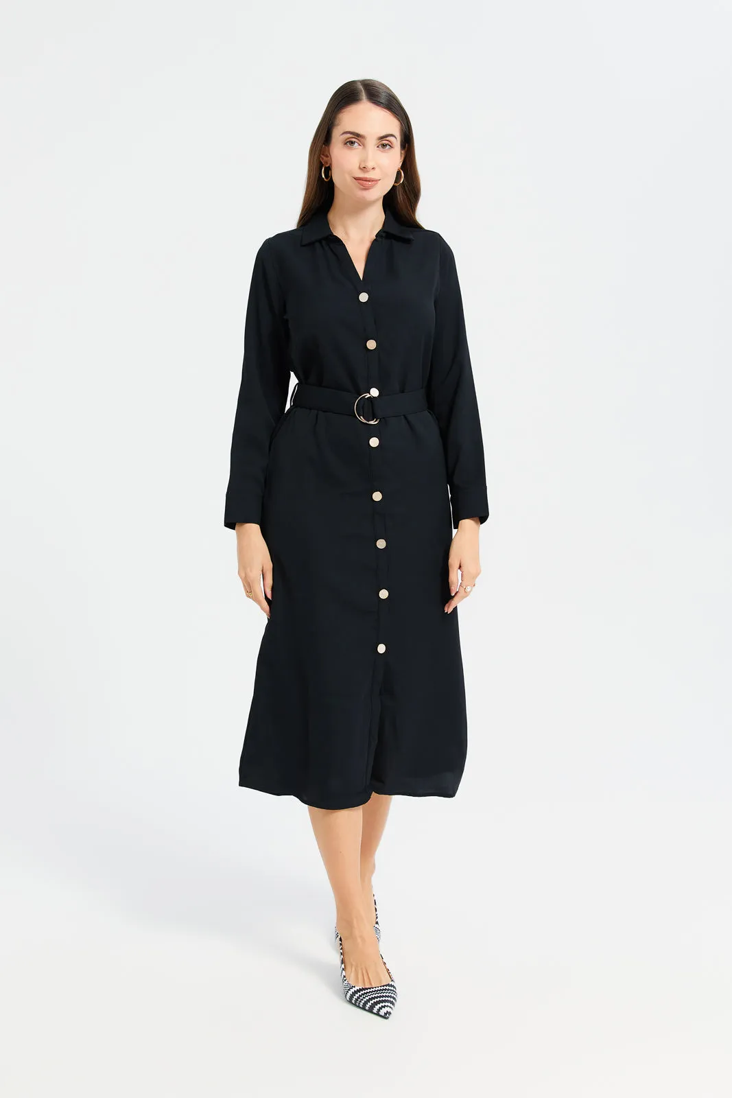 Woman Black Belted Shirt Dress sold by Redtag