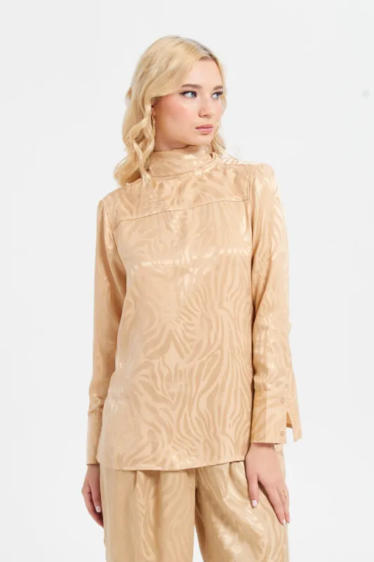Women Beige Bow Satin Jacquard Blouse sold by Redtag