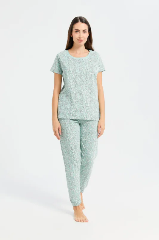 Women Blue Floral Print Pajama Set (2 Piece) sold by Redtag