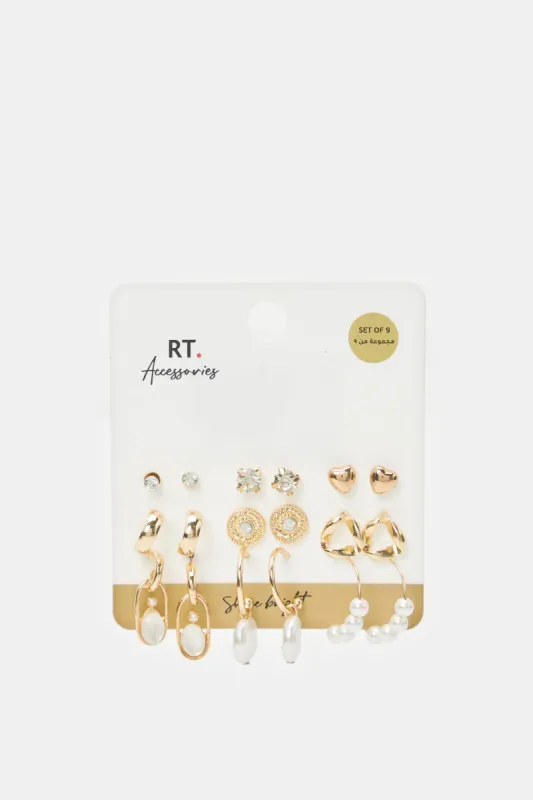 Women Gold Embellished Earrings Set (9 Pairs) sold by Redtag