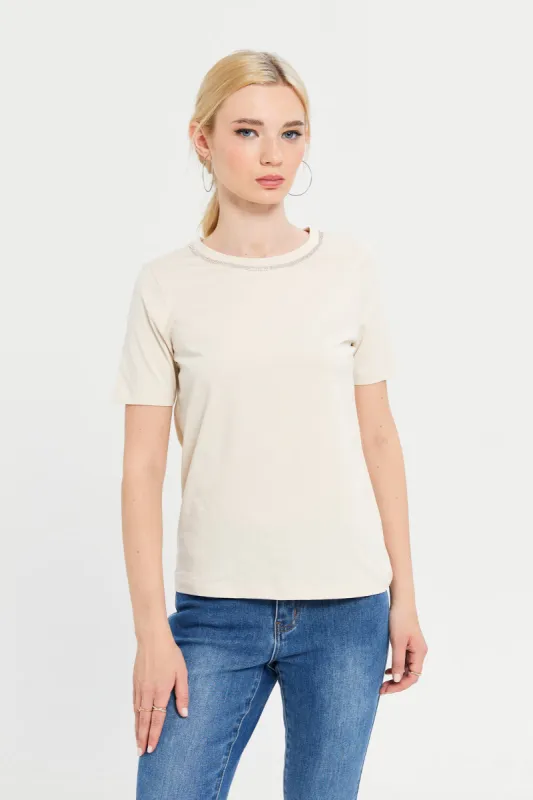 Women Beige Neck Trim Detailed T-Shirt sold by Redtag