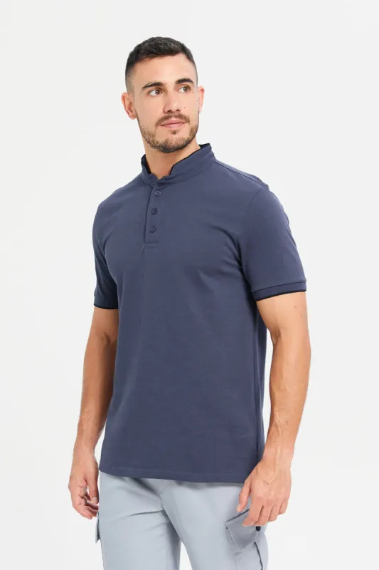 Men Charcoal Plain Standup Color Polo Shirt sold by Redtag
