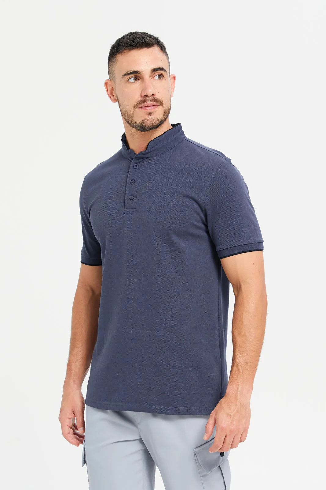 Men Charcoal Plain Standup Color Polo Shirt sold by Redtag