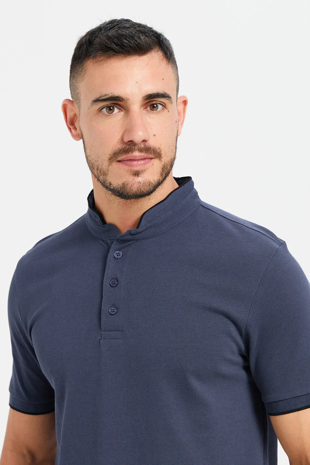 Men Charcoal Plain Standup Color Polo Shirt sold by Redtag product image thumbnail 4