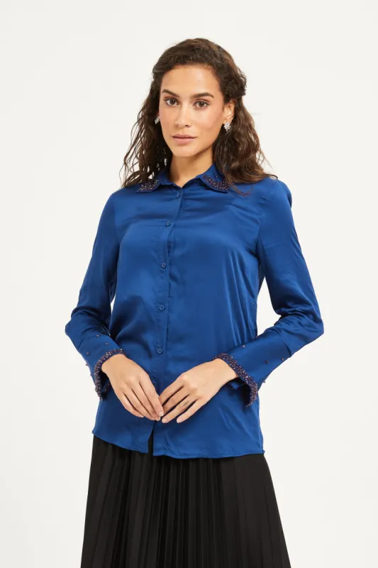 Women Blue Satin Embellished Shirt sold by Redtag
