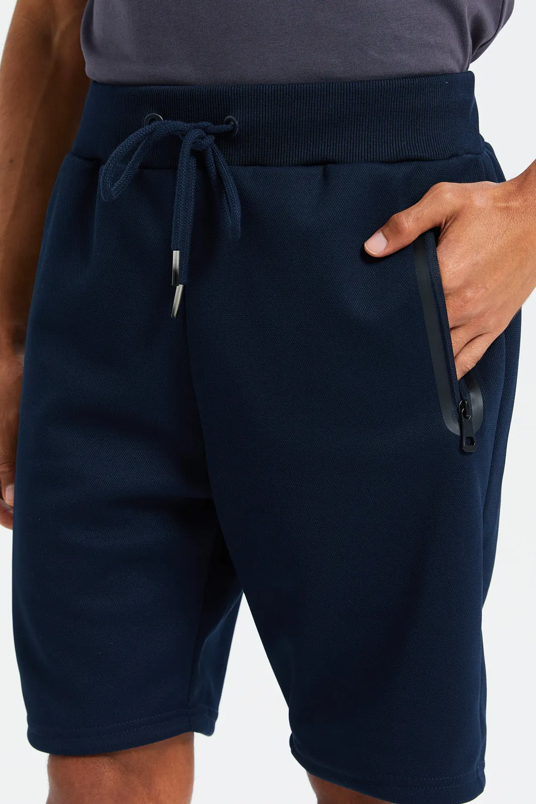 Men Navy Mid Rise Tech Shorts With Zip Pockets sold by Redtag product image thumbnail 4