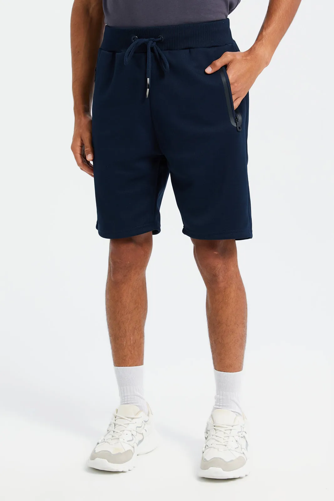 Men Navy Mid Rise Tech Shorts With Zip Pockets sold by Redtag