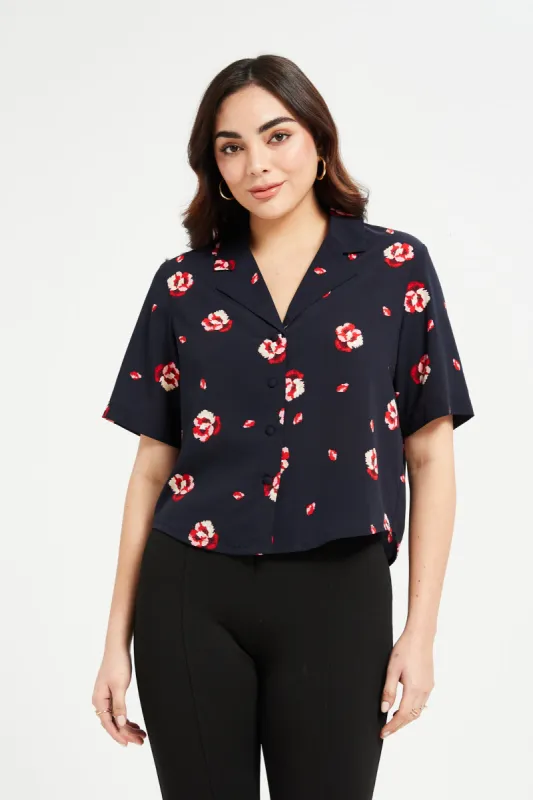 Women Navy Printed Boxy Top sold by Redtag