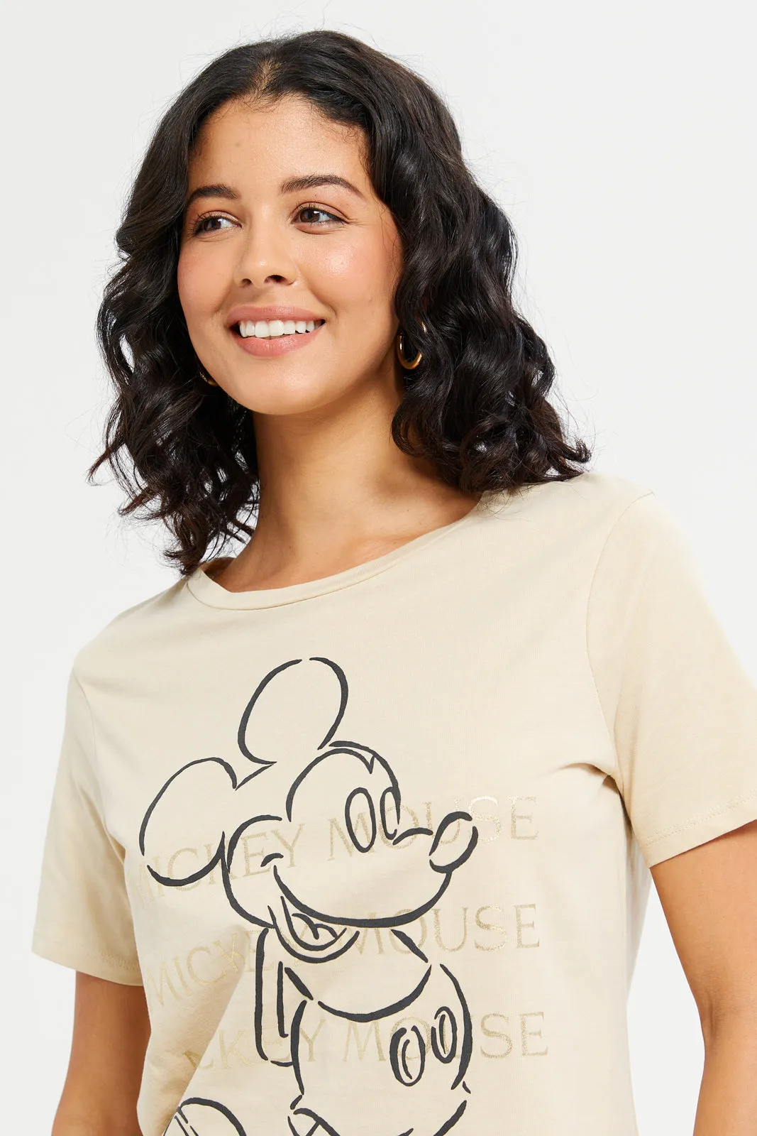 Women Beige Mickey Mouse Printed T-Shirt sold by Redtag product image thumbnail 4