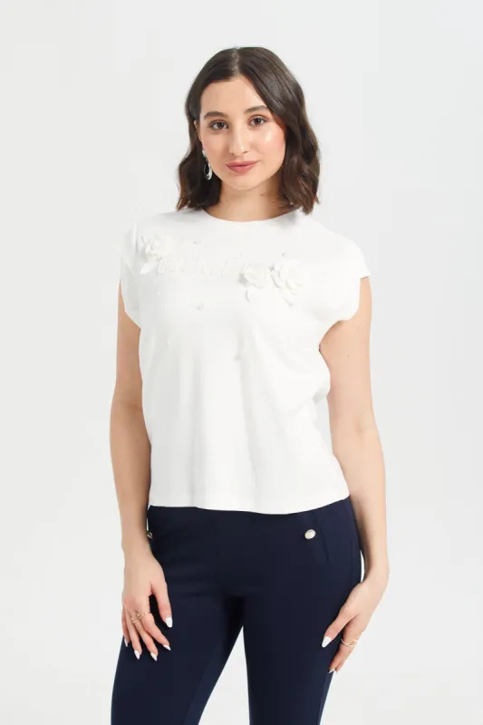 Women White Rose Jersey Top sold by Redtag