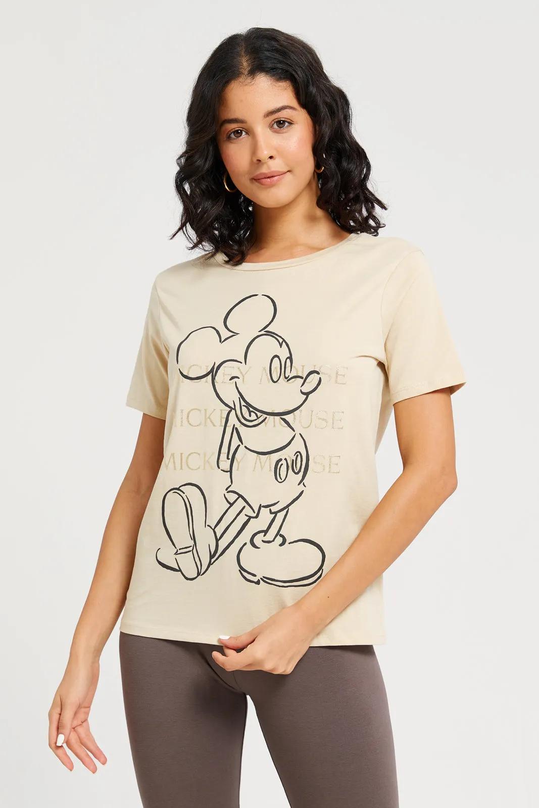 Women Beige Mickey Mouse Printed T-Shirt sold by Redtag