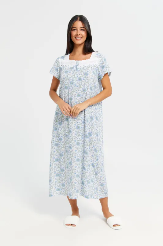 Women Ivory And Blue Printed Nightgown sold by Redtag