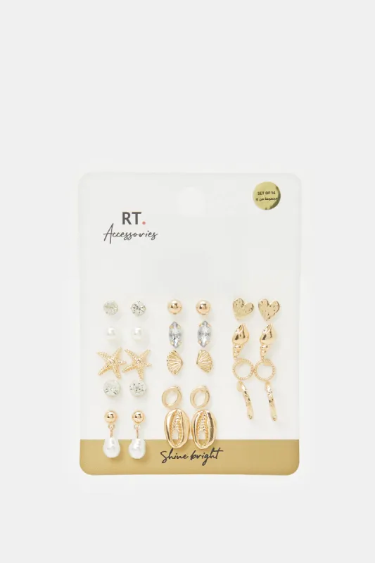 Women Gold Embellished Earrings Set (14 Pairs) sold by Redtag