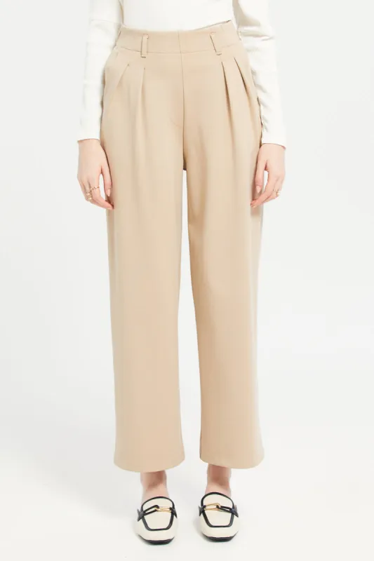 Women Beige High Waist Plain Trouser sold by Redtag