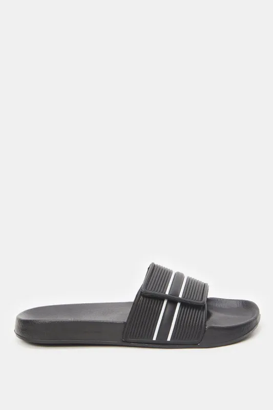 Men Black Stripe Embossed Slide With Velcro sold by Redtag