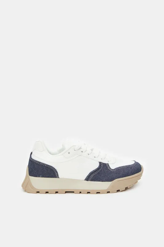 Women White Lace Up With Denim Overlay Sneakers sold by Redtag