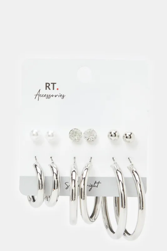 Women Silver Embellished Earrings Set (6 Pairs) sold by Redtag