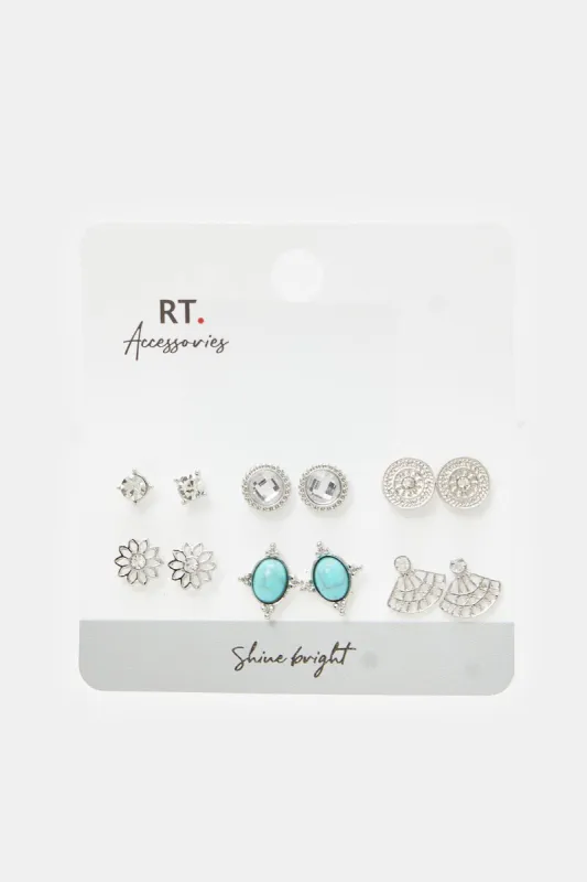 Womens Silver Embellished Studs (6 Pairs) sold by Redtag