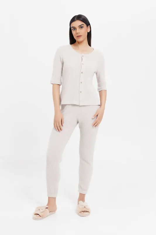 Women Beige Textured Pajama Set (2 Piece) sold by Redtag