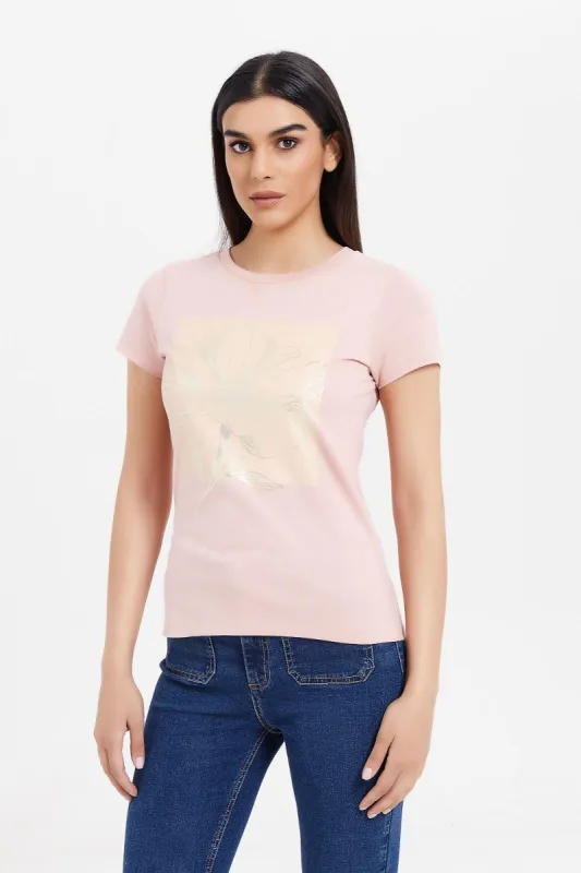 Women Pink Floral Foil T-Shirt sold by Redtag