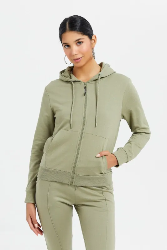 Women Olive Zip Through Hoodie sold by Redtag