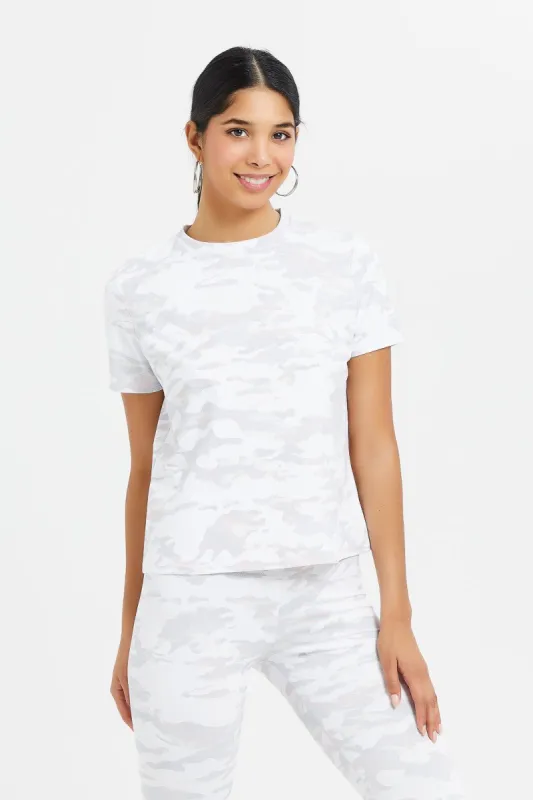 Women White Allover Foil Printed Active T-Shirt sold by Redtag
