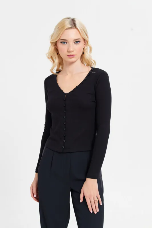Women Black Rib Long Sleeve Top sold by Redtag